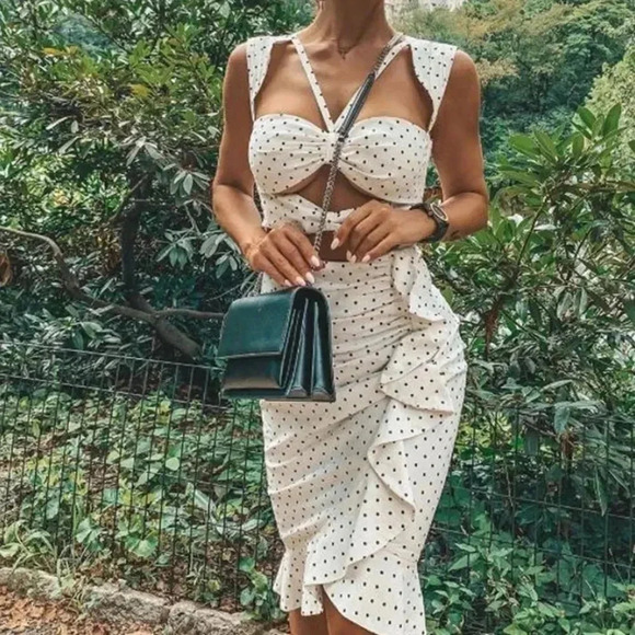 NEW! Black & White Polka Dots Cut Out Ruffle Midi Dress - Picture 2 of 11